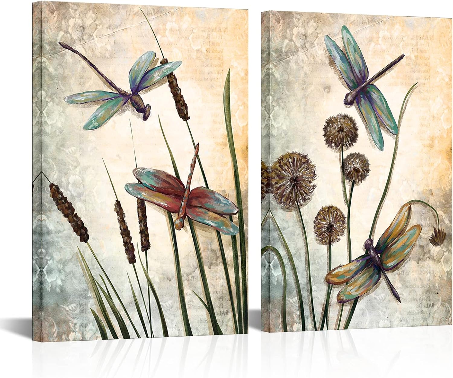 Paintings - LoveHouse Insect Painting Wall Art Vintage Dragonfly Animal Picture Beige Painting on Canvas Abstract Dandelion Prints Modern Home Bathroom Bedroom Living Room Decor