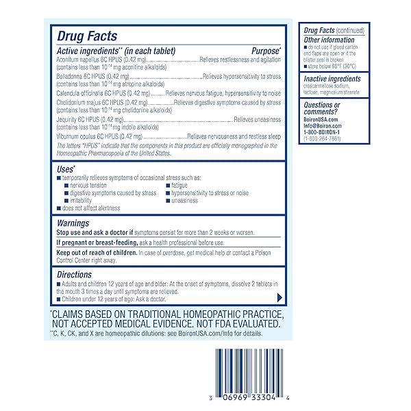 BOIRON STRESSCALM TABLETS FOR RELIEF OF STRESS, ANXIOUSNESS, NERVOUSNESS, IRRITABILITY, AND FATIGUE – 60 COUNT