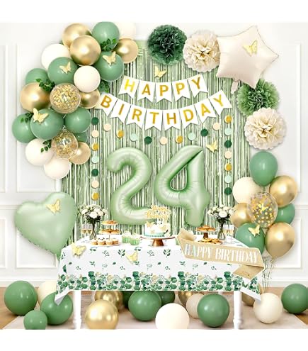 Sage Green & Gold 18th Birthday Decorations - Happy 18th Banner, Number 18 Foil Balloons, Cake Topper, Balloons Set For Boys & Girls Milestone Party