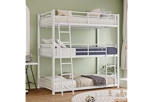 HOJINLINERO Metal Triple Bunk Bed,Full Metal Bunk Bed Frame with Dual Ladders & Safety Guardrails,Space-Saving Twin Over Twin