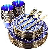 Nervure 150PCS Clear Blue Plastic Plates - Gold Party Plates - Blue and Gold Dinnerware Set Include: 50 Disposable Plate, 25Cups, 25Forks, 25Knives, 25Spoons for Wedding & Party & Hanukkah