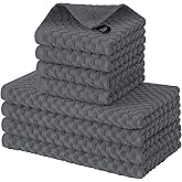 Fintale 100% Cotton Kitchen Towels and Dishcloths Set, 12 x 12 & 15 x 25 Inches, Set of 8 Bulk Super Soft and Absorbent Terry Cloth Dish Towels, Quick Drying Hand Towels with Hanging Loop, Dark Grey