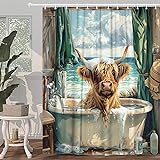 Funny Highland Cow Shower Curtain, Cute Farmhouse