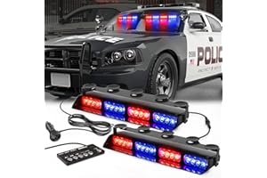 WINECO Emergency Strobe Dash Police Lights Safety Flashing Warning Hazard Interior Front/Rear Windshield Deck Split Cop Light Bar w/Suction Cups for Vehicles Trucks 2x14 inch Red Blue