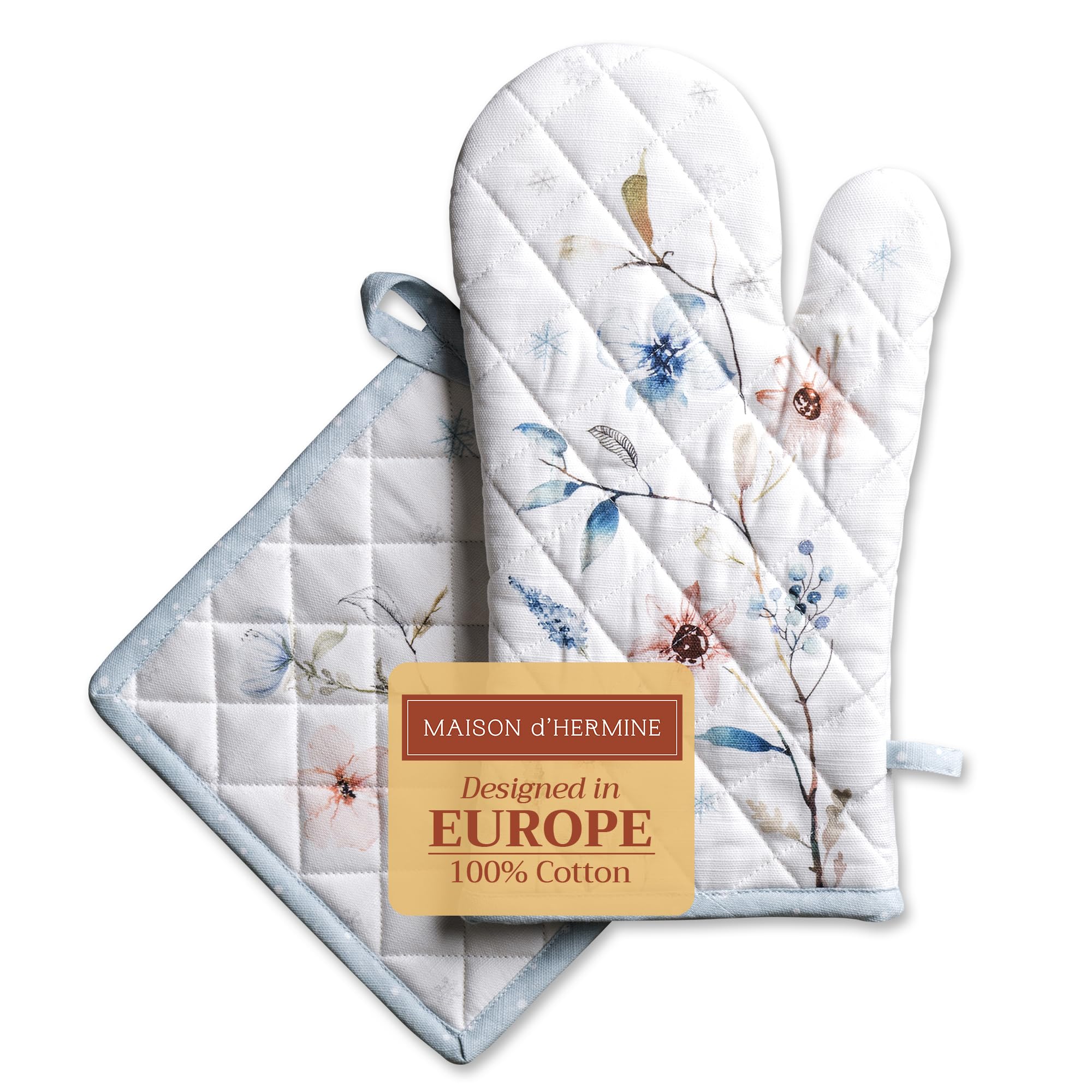 Maison d' Hermine 100% Cotton Oven Mitt & Pot Holder Set (19 x 33 cm & 20 x 20 cm) Heat Resistant BBQ Cooking Gloves with Loop for Christmas Decorations Baking Handling Hot Pans (Ice Florals)