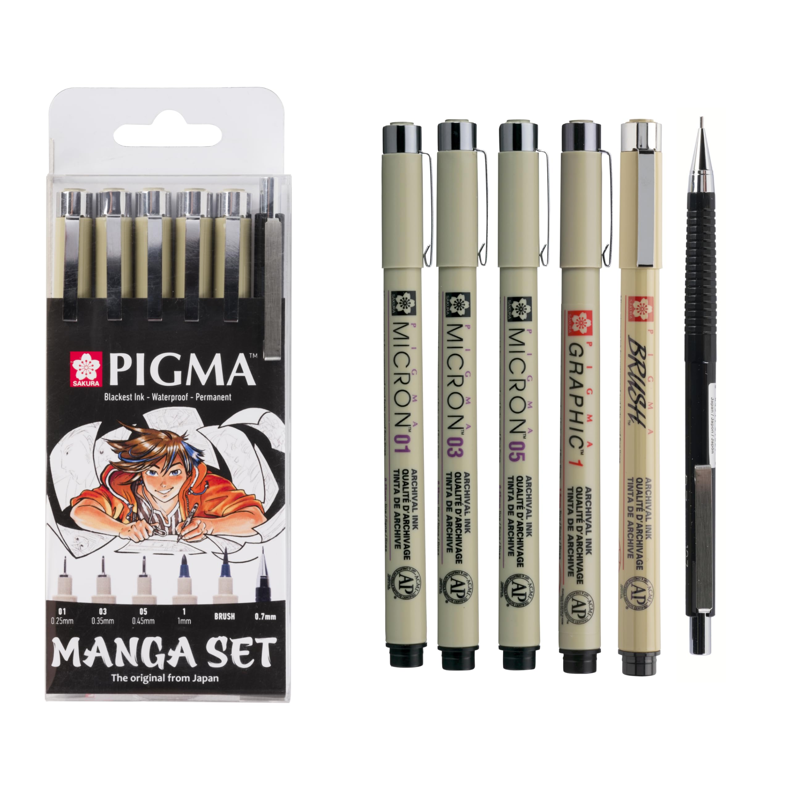 SAKURA Pigma Manga Set of 6 in Black | 3 Fineliners, Graphic Liner, Brush Pen + Mechanical Pencil | For Cartoons & Illustrations