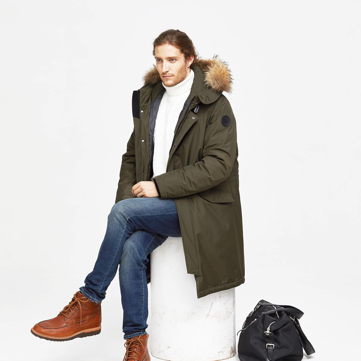 TIGER FORCE Winter Parka City Jackets for Men Business Coat Hooded with Real Fur Trim Insulated Waterproof Snow Jacket Green: Clothing
