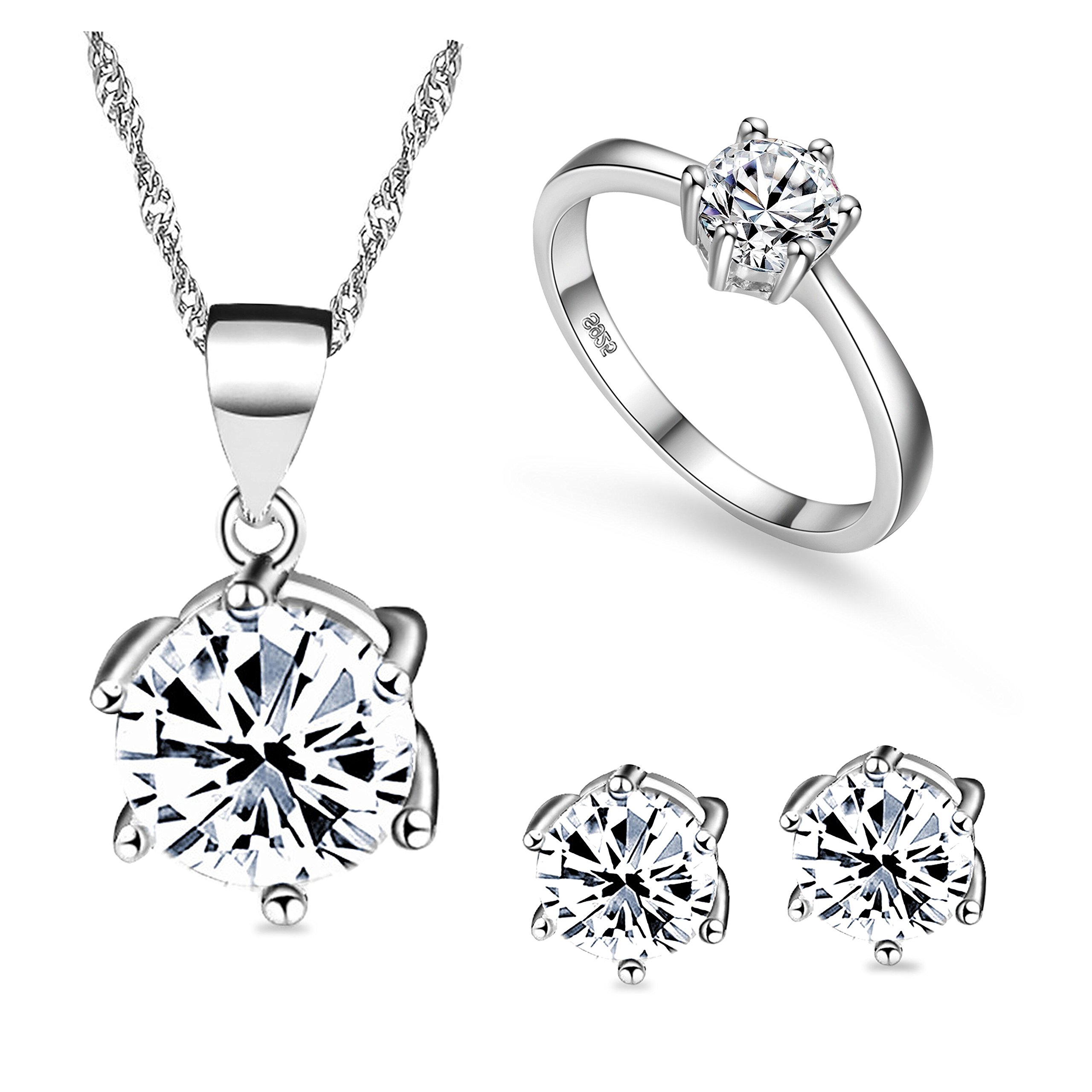 Uloveido Wedding Engagement Charm Jewellery Set Halo Ring Pendant Necklace and Studs Set for Women Girls White Gold Plated T043
