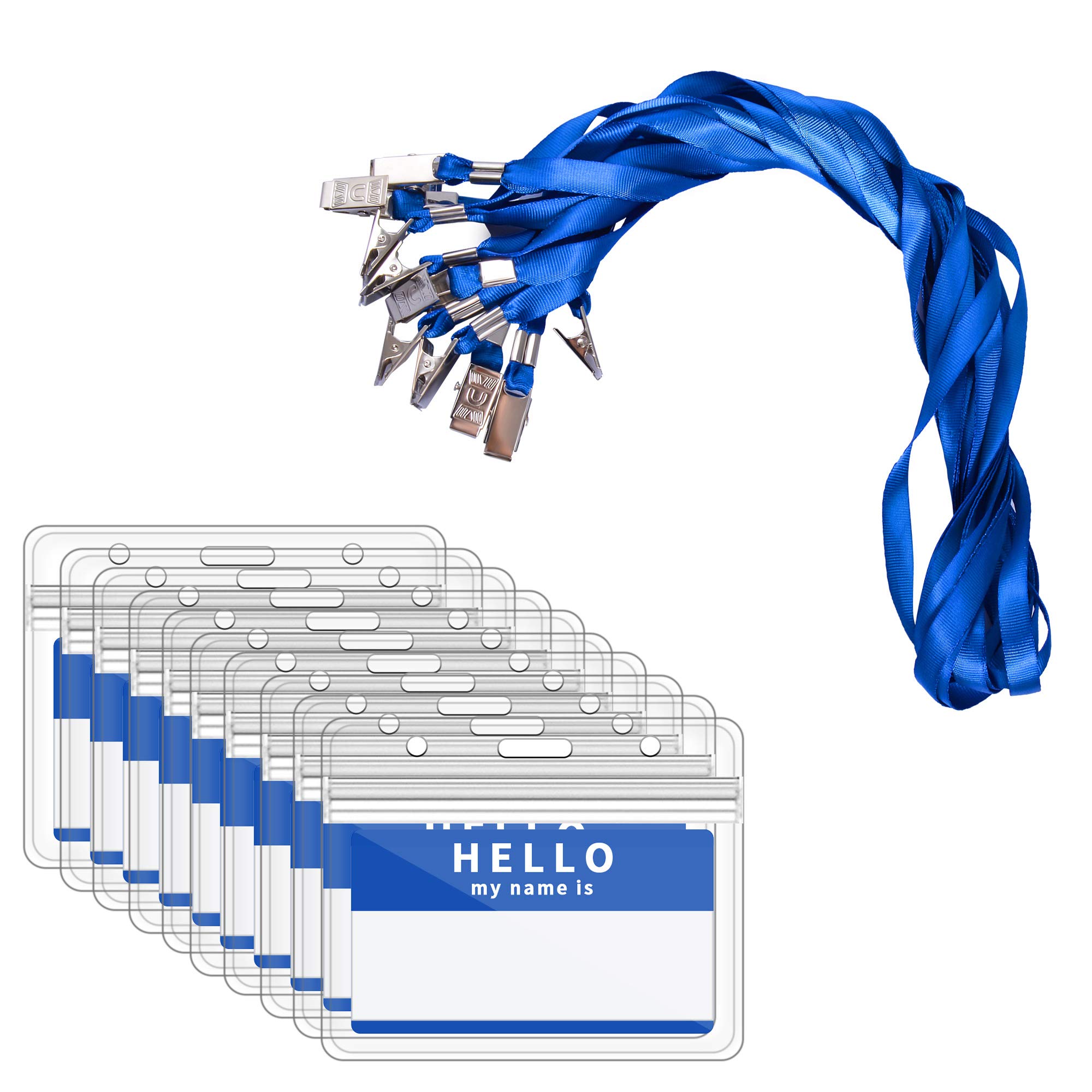 Badge Holders with Lanyards, Zalava 40PCS Plastic Name Tag Badge ID Card Holder for Exhibition Trip Meeting, Transparent Waterproof (Horizontal, Blue)