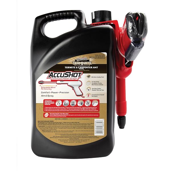SPECTRACIDE TERMINATE TERMITE & CARPENTER ANT KILLER, 1.33 GALLONS, WITH ACCUSHOT SPRAYER INDOOR AND HOME BARRIER TREATMENT KILLS TERMITES, CARPENTER ANTS, CARPENTER BEES AND OTHER LISTED INSECTS ON CONTACT AND STOPS SPIDERS, ROACHES, FLEAS AND TICKS