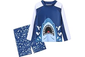 Ewbob Boys 2 Pieces Rash Guard Sun Protection Long Sleeve Kid Swimsuits Quick Dry Swim Shirt Trunks for Boys 3-12 Years