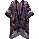 WeHello Women's Burnout Velvet Kimono Long Cardigan Cover Up Casual Outfit