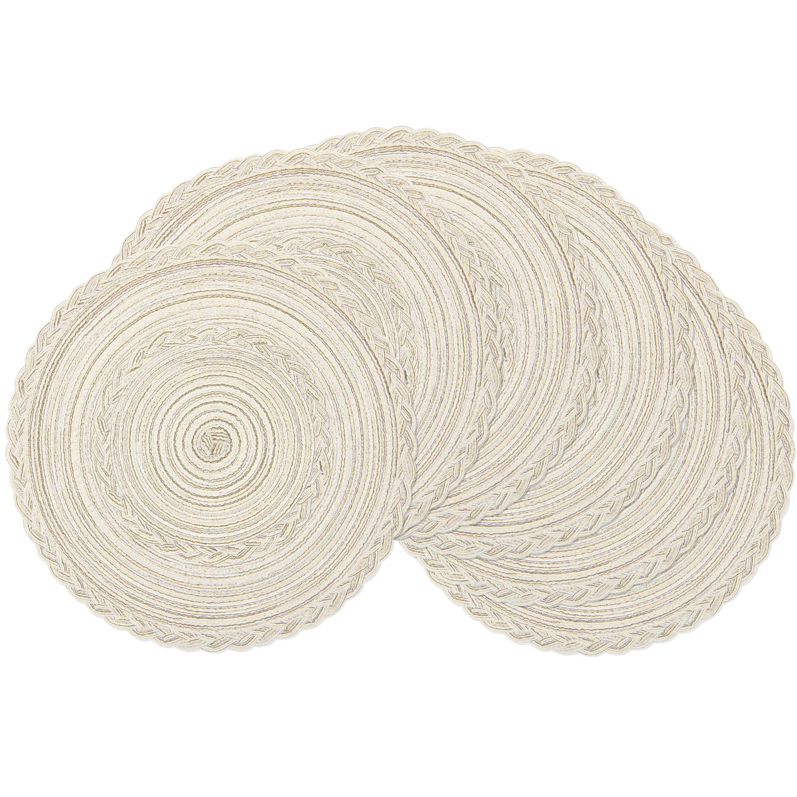 Photo 1 of SHACOS Round Placemats Set of 6 Boho Braided Bordered Placemats 15 inch for Dining Tables Wedding Holiday Party (Ivory Bordered, 6)