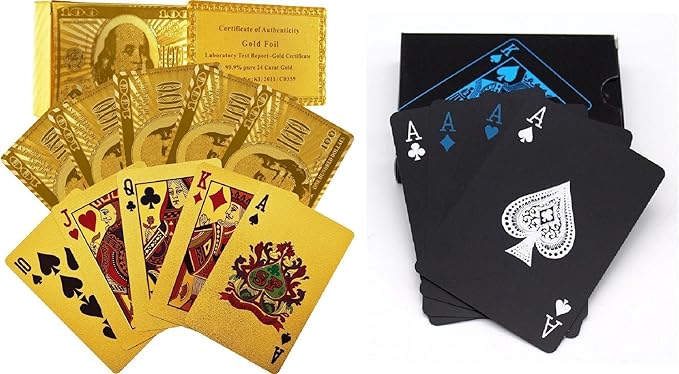 CARE CASE- Set of 2-Unique Black & Golden 24 K Gold Foil Plated Waterproof Good Quality Colorful Deck Poker Dollar Playing Cards Plastic Deck Poker Playing Card