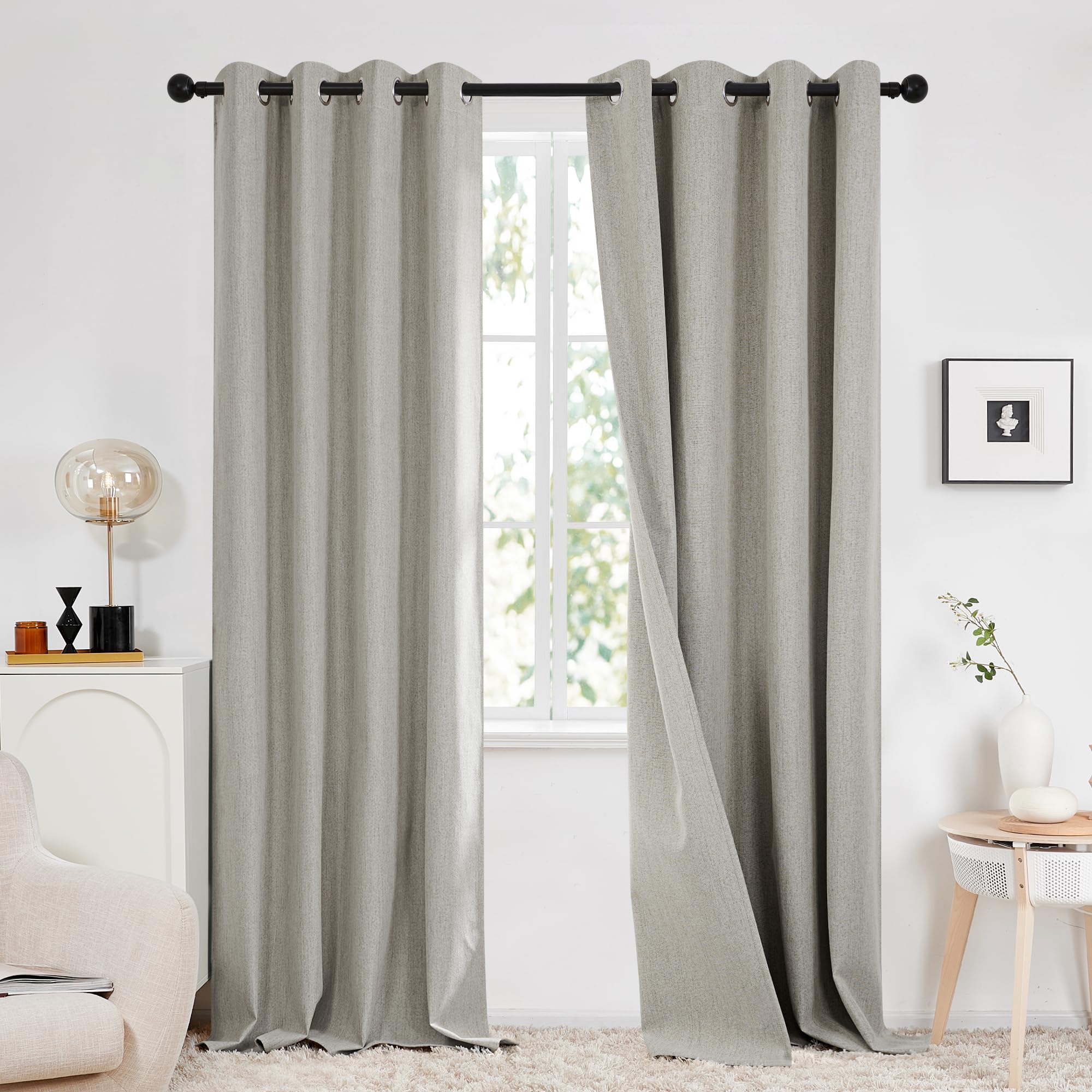 Deconovo Double-sided Faux Linen Total Blackout Curtains Eyelet, Window Treatments, Thermal Insulated Curtains for Living Room, 46x90 Inch(Width x Length), Linen Grey, 2 Panels