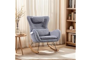 fatani Rocking Chair Nursery Teddy, Upholstered Glider Rocker Nursery Rocking Accent Chairs with High Backrest Armchair, Recliner Armchair with Side Pocket, Comfy Living Room Chairs (Grey)