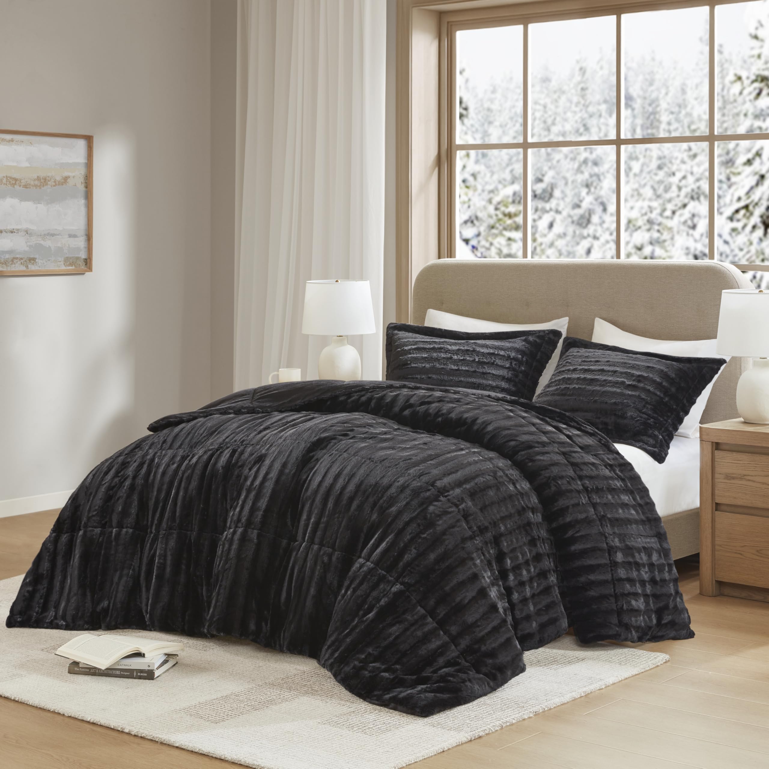 Madison Park Duke Luxe Faux Fur Reversible Comforter Set, Soft Plush Reverse, Modern Down Alternative Filling Cozy Bedding, Box Quilted Warm Cover, Matching Shams, Full/Queen, Black 3 Piece Image