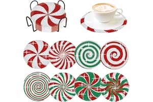 DEMONWER 8 Pieces Christmas Candy Diamond Coasters with Holder 5D DIY Christmas Candy Diamond Art Coasters for Drinks Diamond Arts Kits for Christmas Holiday Gift