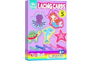 KRAFUN Beginner Mermaid Lacing Card Kit for Kids Arts & Crafts, 5 Easy Mermaid, Animal Lacing Projects, Paper Lace Cards for Toddlers, Fine Motor Preschool Skills Toys