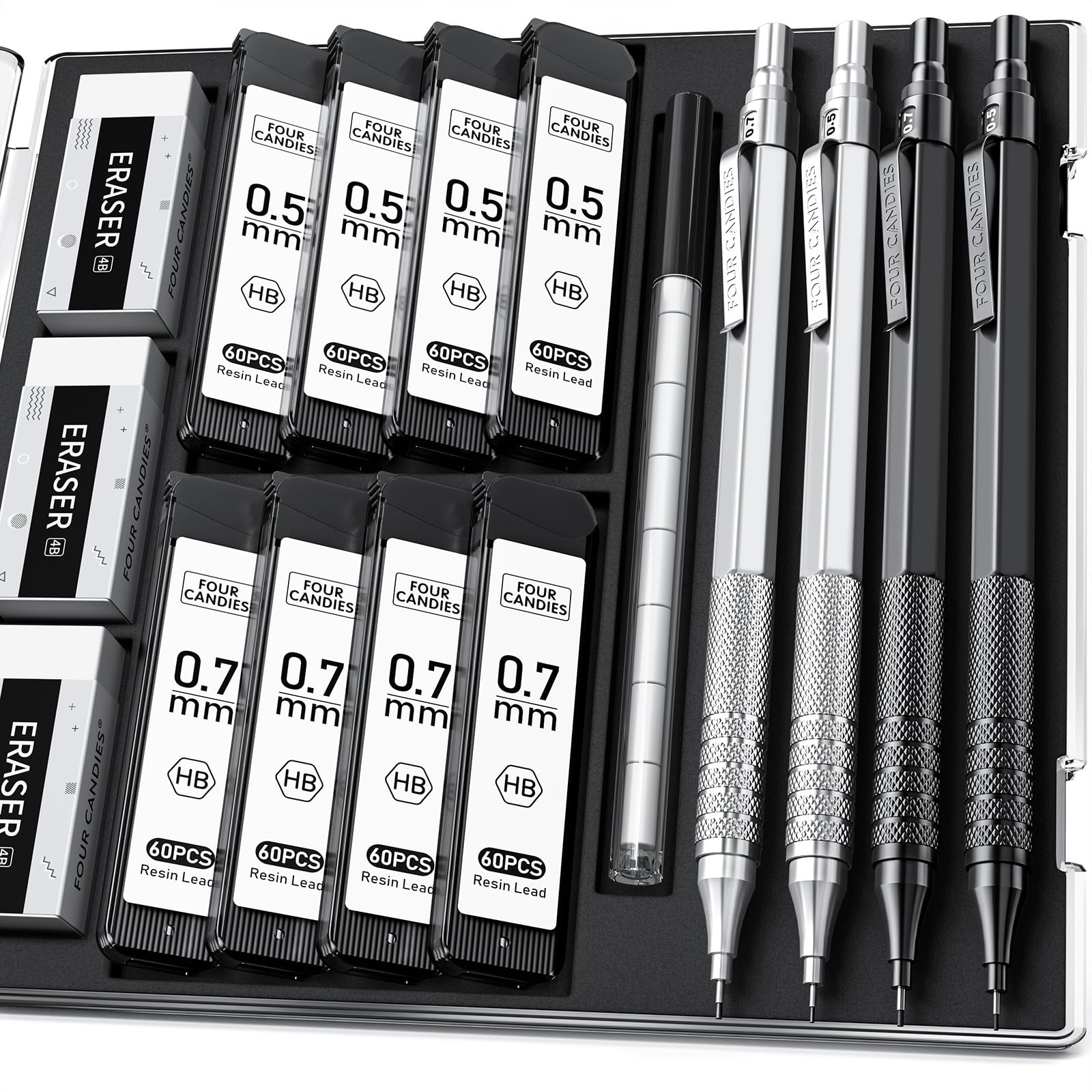 Four Candies 4PCS Metal Mechanical Pencils Set with Case, 0.5mm & 0.7 mm Artist Pencil with 8 Tubes (480PCS) HB Lead Refills, 3 Erasers,9 Eraser Refills For Writing Drafting, Drawing, Black&Silver