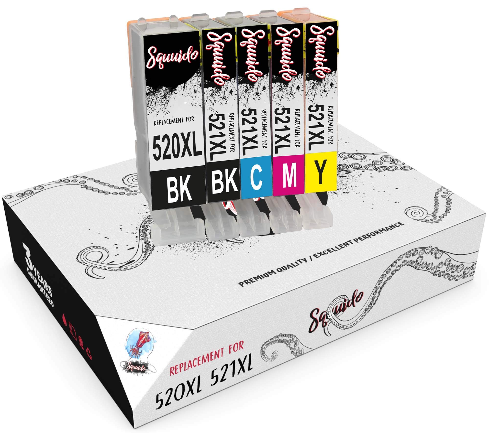 Squuido 5 ink cartridges PGI-520 CLI-521 compatible with Canon PIXMA MP540 MP550 MP560 iP4700 iP3600 iP4600 MP640 MP630 MP620 MP980 MP990 MX860 MX870 | High Capacity