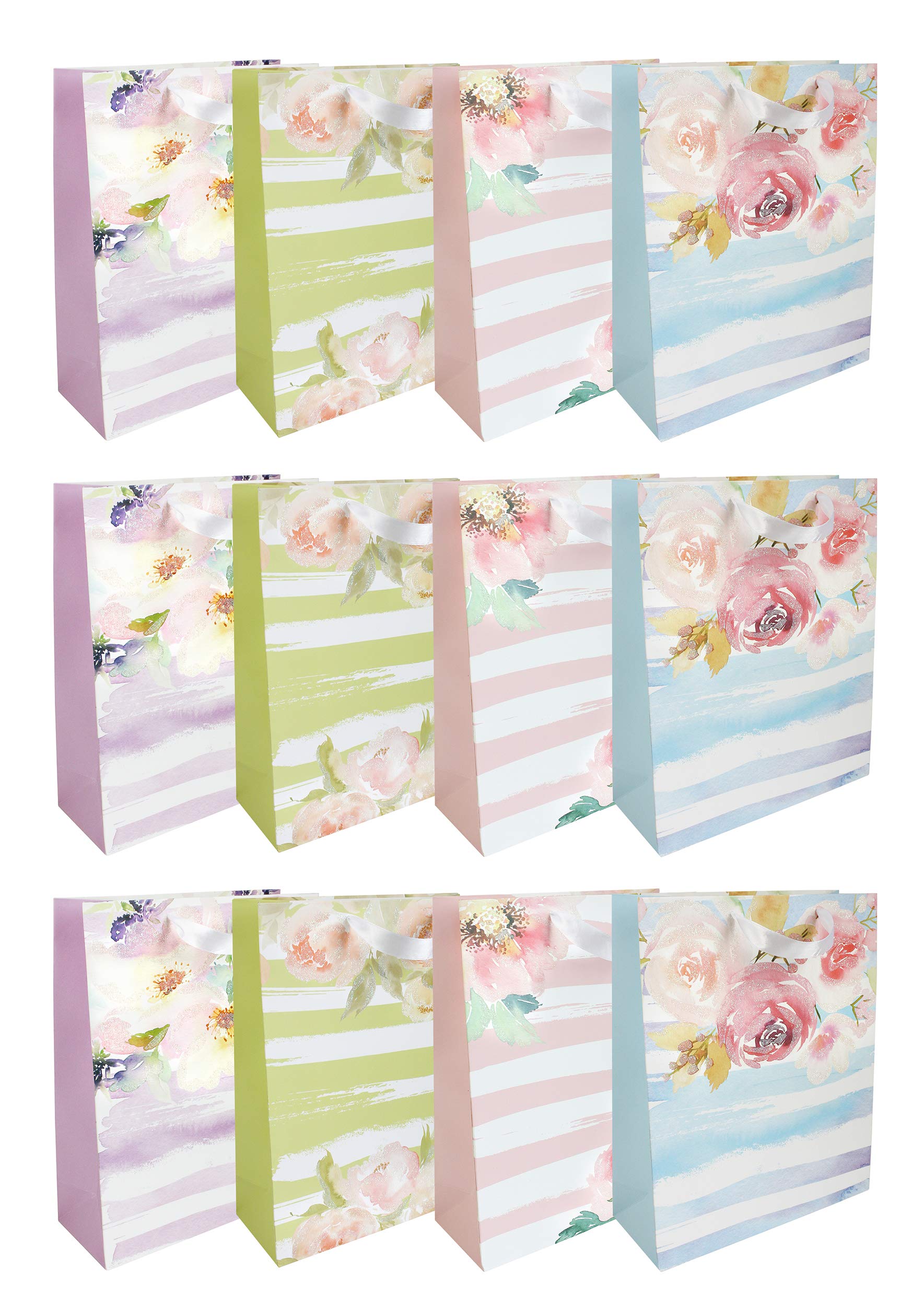 Emartbuy Luxury Gift Bag Strong Laminated Paper Mixed Colours (Set of 12 - Floral Stripes)