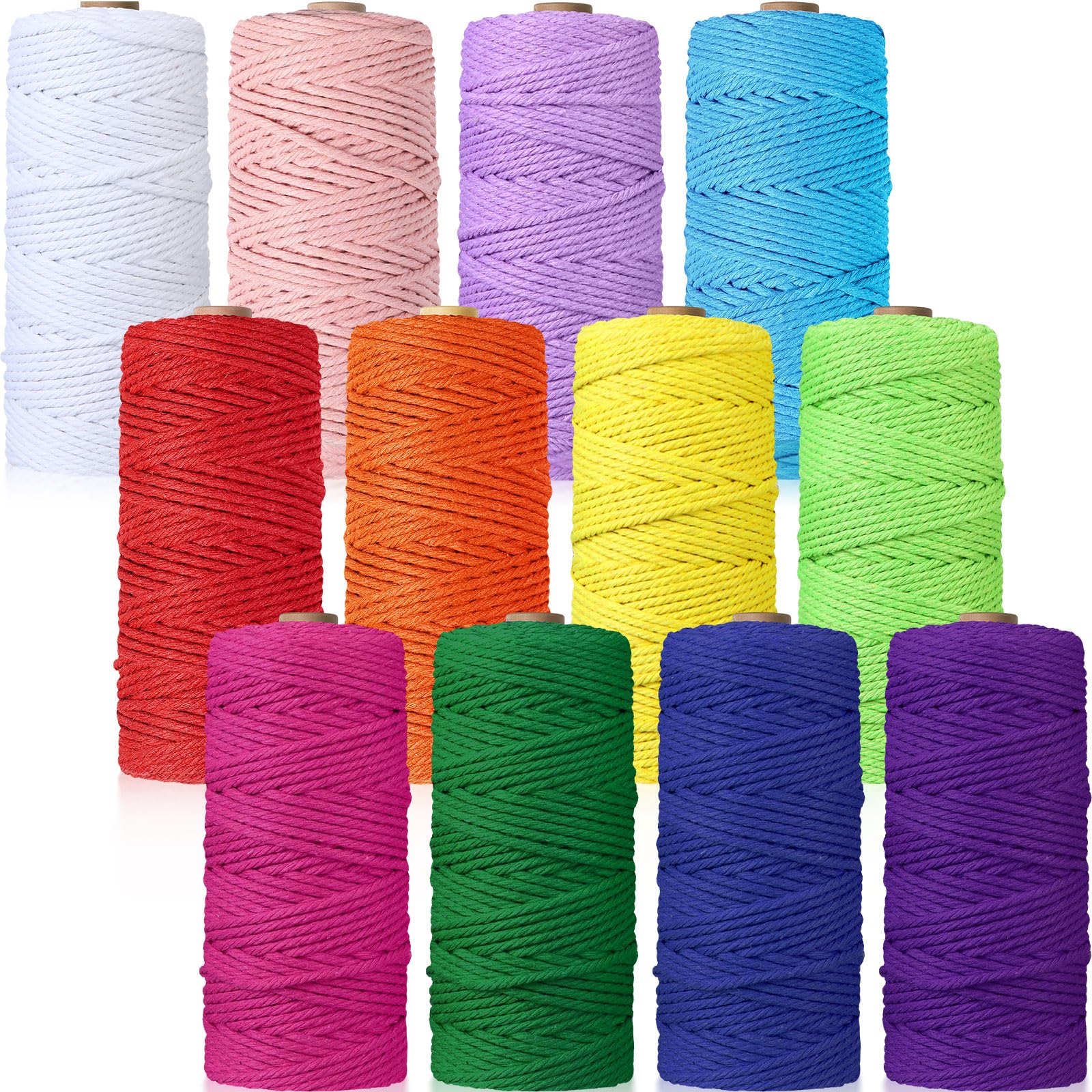 Photo 1 of Wesnoy 12 Rolls Macrame Cord, 3 mm x 1308 Yards Natural Cotton Twine, Colored Macrame String, Colorful Cotton Rope for DIY Crafts Knitting, Artworks, Wall Hanging, Plant Hangers (Bright Color)