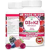 Lunakai USA Made Vitamin D3 K2 Gummies with Calcium – 3-in-1 Daily Vegan Supplement for Bone & Immune Support for Women, Men & Kids, 60ct