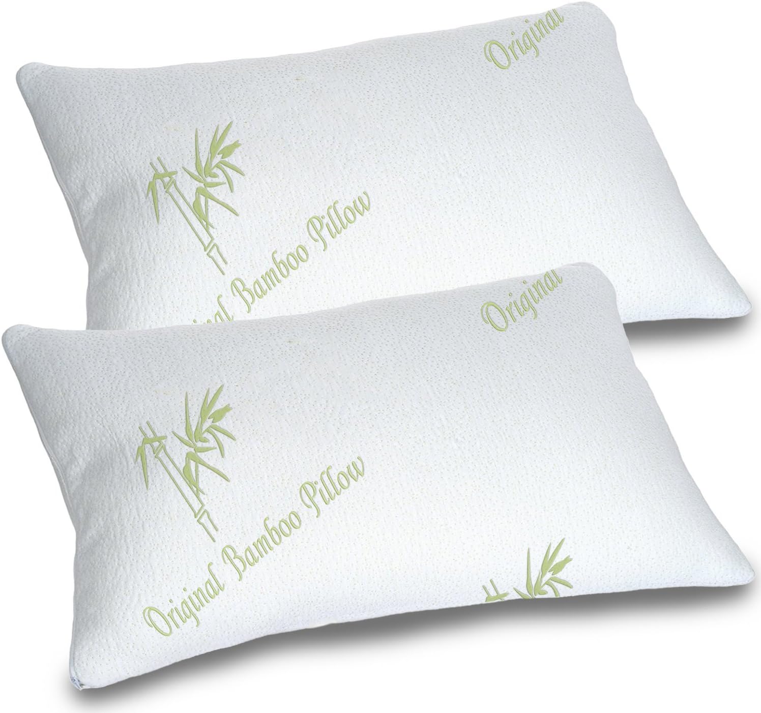 Bamboo Pillows for Sleeping Set of 2 - Standard Queen Size - Adjustable Loft Cool Shredded Memory Foam Bed Pillow - Cooling Hypoallergenic Luxury Cover - Comfort for Back Side and Stomach Sleeper (2)