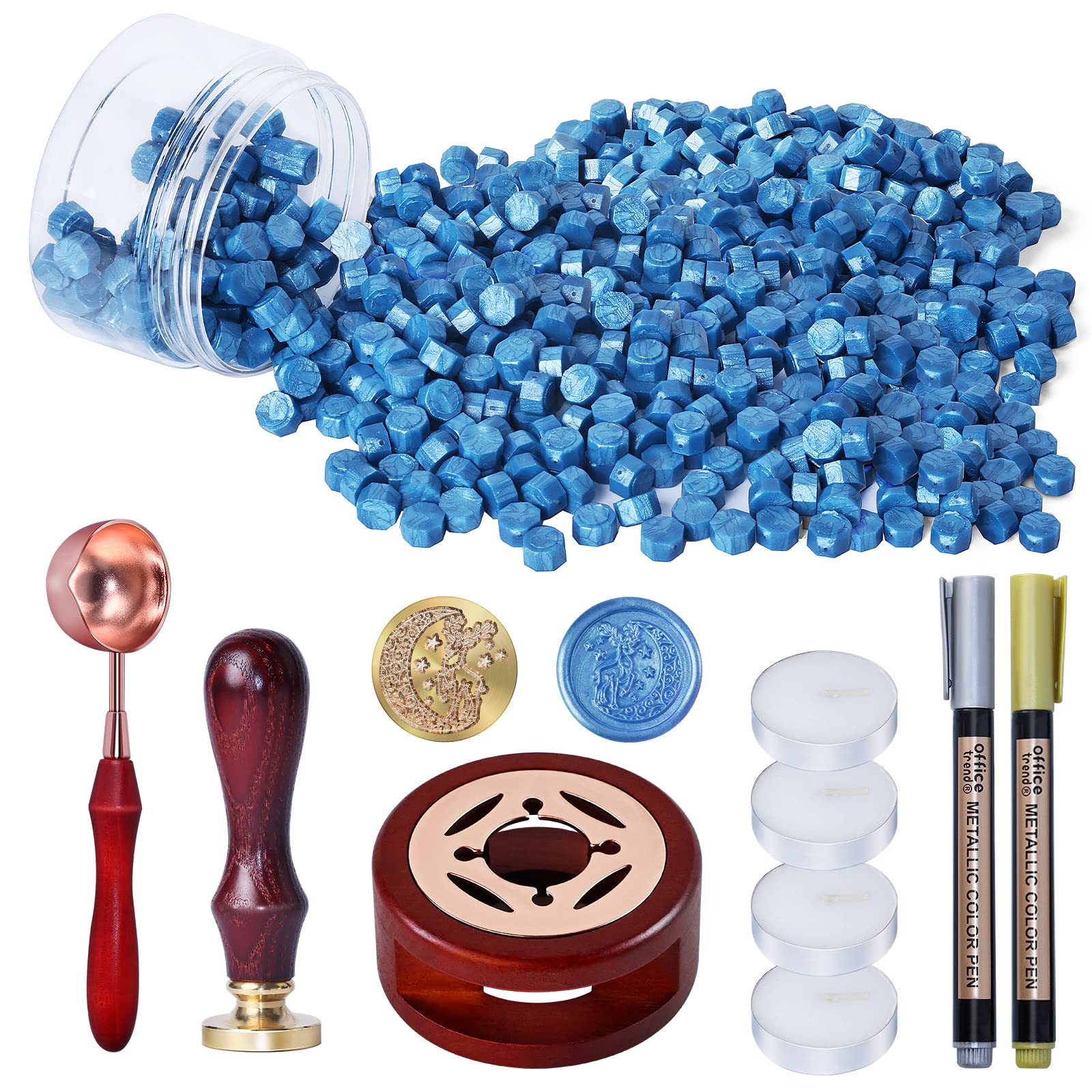 250 PCS Wax Seal Stamp Kit, WEWINK PLUS Sealing Beads with Deer Stamp, Wax Warmer, Spoon, Tea Candles, Metallic Pen for Seals, Gifts, Invitations, Envelopes, Crafts, Sky Blue