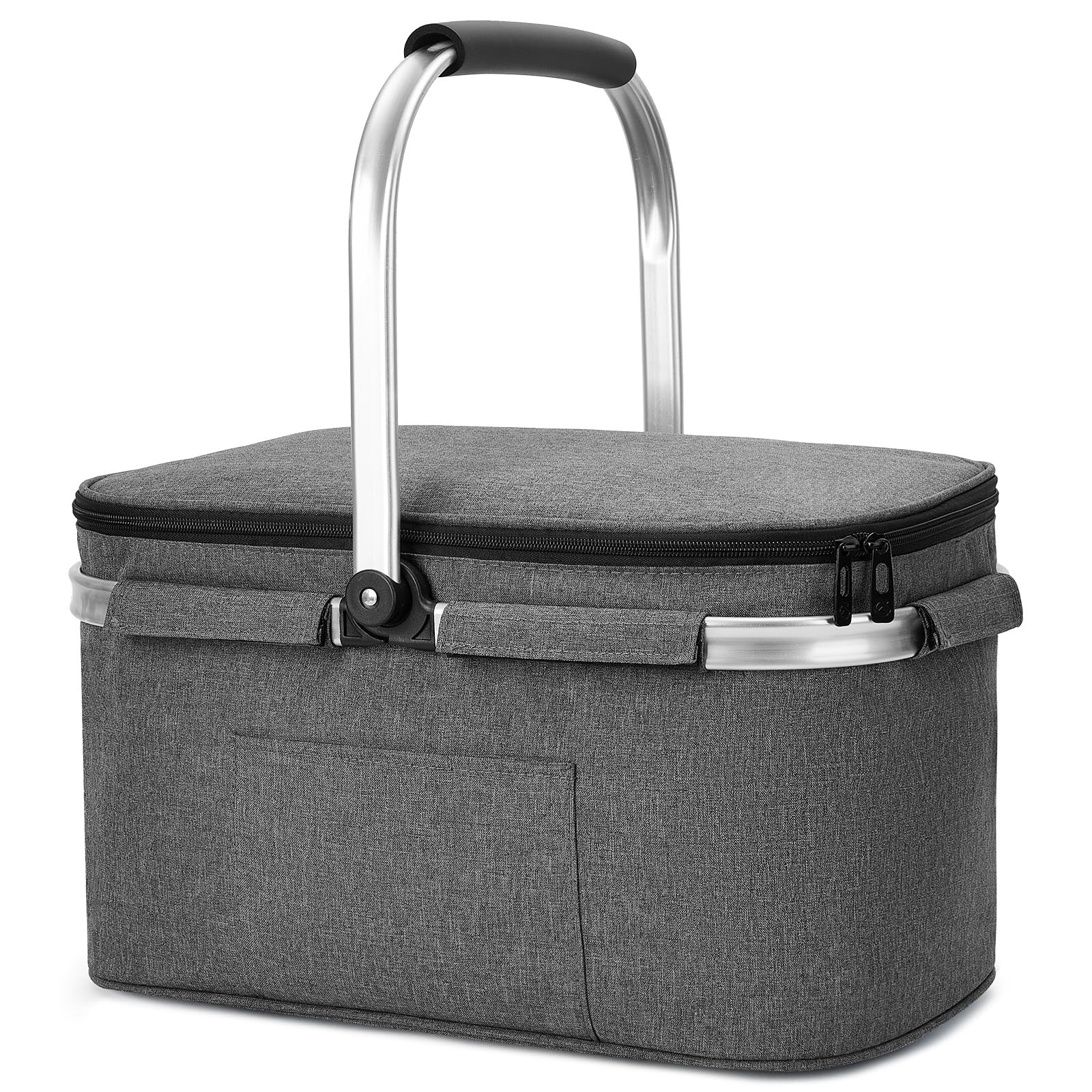 ALLCAMP Cool Bag - Insulated Shopping Basket with Lid, Ice Box Cooler,Removable Picnic Basket for 4 People, Thick Thermal Basket with Aluminum Frame (Large Black)