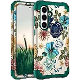 Hocase for Galaxy S25 FE Case, Heavy Duty Shockproof Protection Soft Silicone Rubber+Hard Plastic Bumper Hybrid Protective Case for Samsung Galaxy S25 FE (6.7"") 2025 - Teal Flowers
