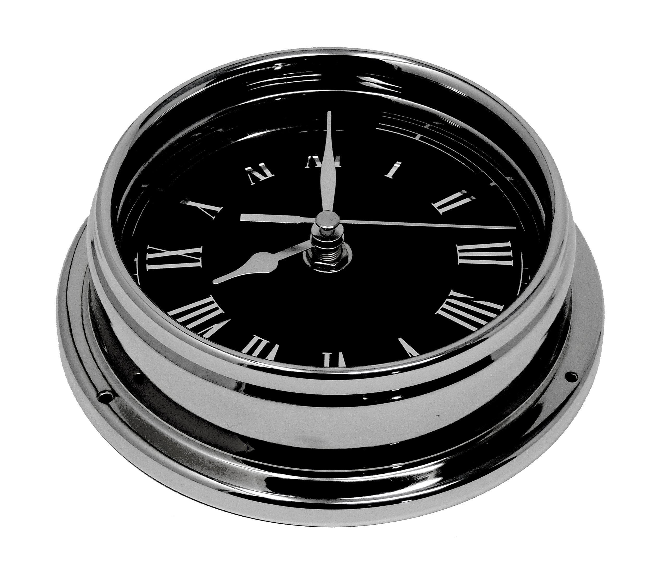 Tabic Prestige Roman Clock in Chrome With Jet Black Dial created with a mirrored backdrop. Heavy Brass Case (1/2kg), Chrome Plated Handmade In England