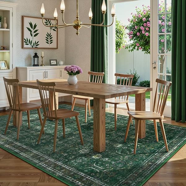 MOYNESA VINTAGE WASHABLE GREEN RUGS FOR LIVING ROOM 5X7, RETRO AREA RUG FOR BEDROOM DINING ROOM KITCHEN, LOW PILE SOFT NON-SLIP ACCENT CARPETS FOR OFFICE INDOOR NURSERY