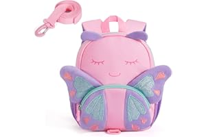 mommore Toddler Backpack for Girls 2-4, 3D Cartoon Mini Kids Travel Bag, Small Baby Backpack with Toddler Leash, Chest Buckle, Water-Resistant Pre-K Schoolbag, Butterfly