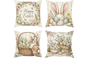 Easter Eggs Throw Pillow Covers Set of 4, Festive Fanciful Rabbit Flowers Easter Pastel with Hidden Zipper Cover Decorative P