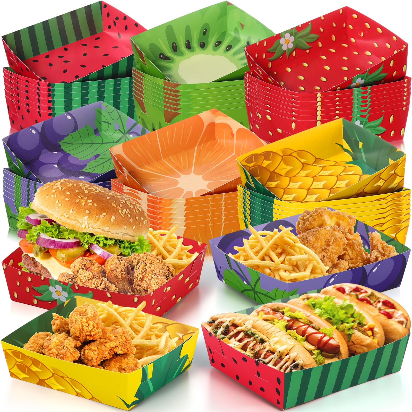 Photo 1 of 48 Pack Fruit Paper Trays Summer Fruit Print 5 Lb Disposable Serving Trays for Burger Fries, Hot Dog Taco BBQ Popcorn for Themed Birthday, Baby Shower, Tutti Frutti Party Supplies