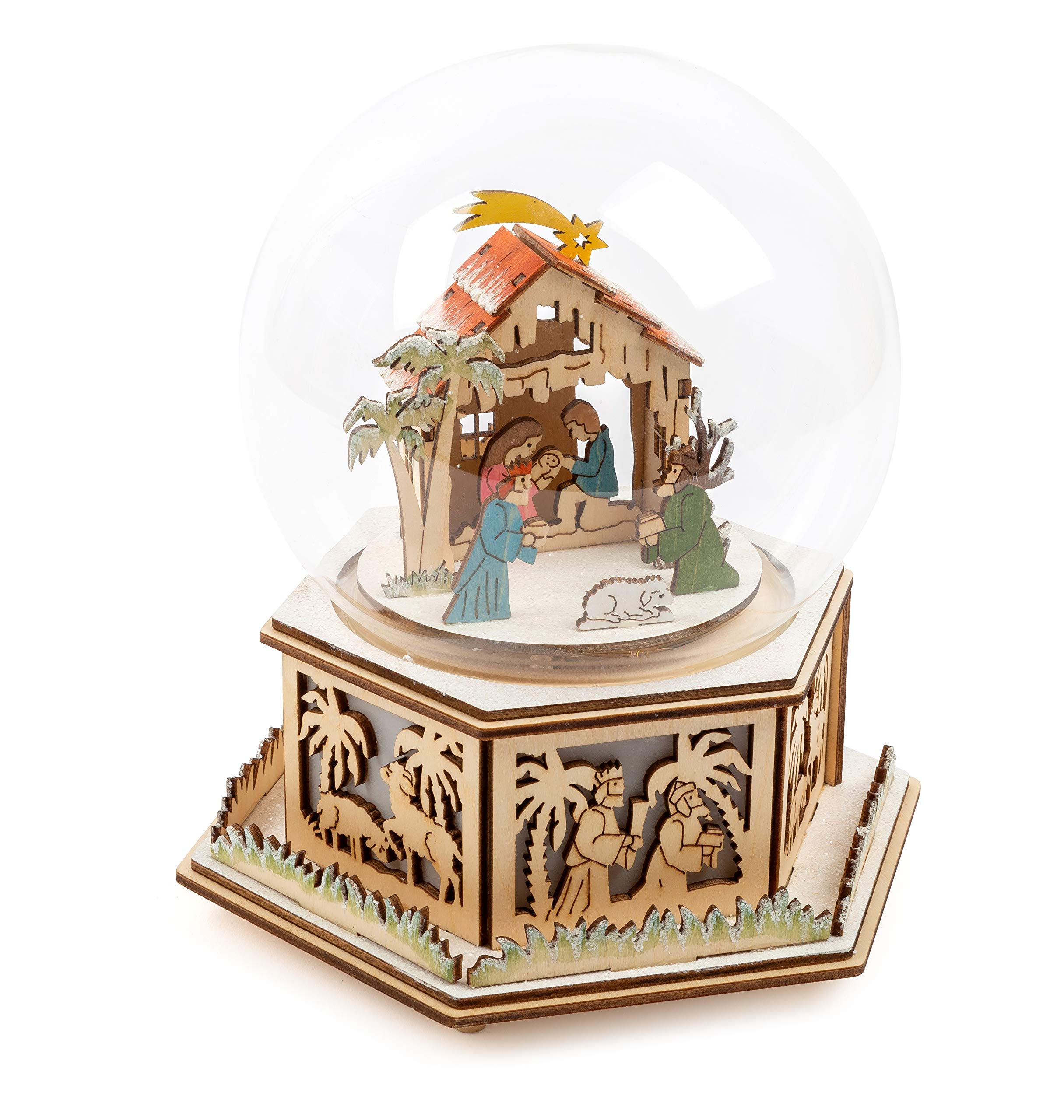 11389 Light-Up Snow Globe Manger with Music Box, Made of Wood, with Light Effects and A Christmas Melody