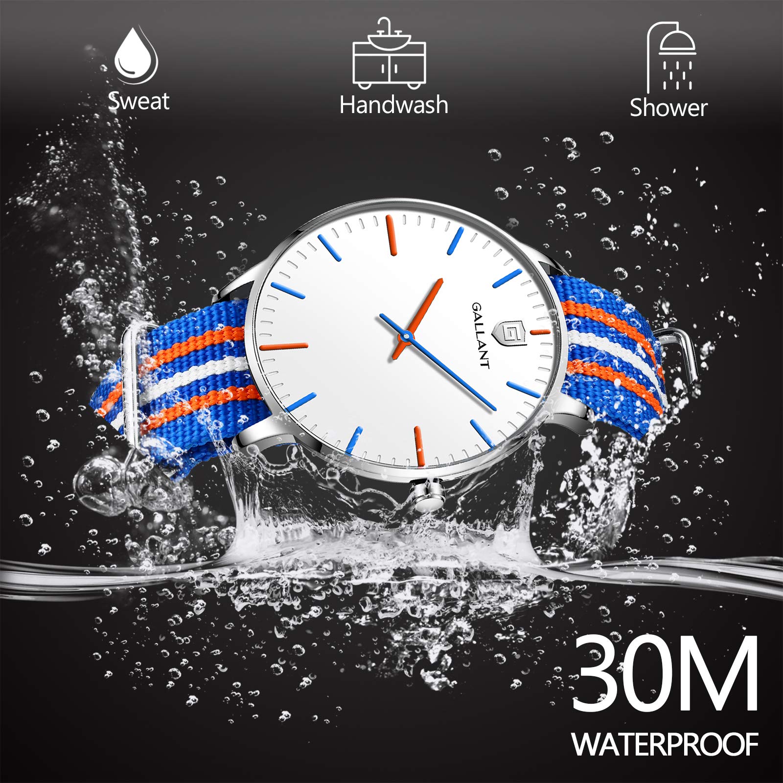 GALLANT Mens Wristwatches Analog Quartz Watches with Multicolor Striped Nylon Strap Band Big Dial Waterproof Wrist Watch Casual