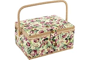 ZOOFOX Large Sewing Basket, Vintage Wooden Sewing Box with Removable Tray, Rose Floral Print Design Sewing Kit Storage Box fo