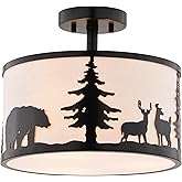 VAXCEL Acadia 13-in W Bronze Rustic Semi Flush Mount Ceiling Light White Linen Deer Tree