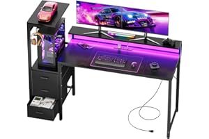HLDIRECT 59 Inch Gaming Desk with Monitor Stand & USB Charging Ports, Computer Desk with Fabric Drawers & LED Lights, Gamer D