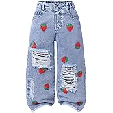WDIRARA Toddler Girl's Cute Strawberry Print Baggy Jeans Ripped Wide Leg Denim Pants