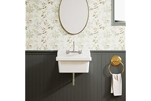 ELLAI Wall Mount Utility Sink Wall Mounted Laundry Tub Ceramic Farm Style High Back Farmhouse Sink White 24" x 19" x 16.5" with 8 Inch Center Faucet Polished Chrome