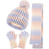 Kids Winter Beanie Gloves Scarf Set,Girls Toddler Winter Hat With Pom Neck Warmer Gaiter Mittens Fleece Lined Set
