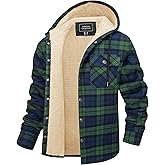 CRYSULLY Men's Flannel Jackets Sherpa Fleece Lined Hoodies Soft Warm Plaid Shirt Jacket Cotton Button Winter Coat with Hood