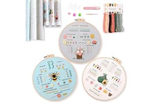 REEWISLY 3 pcs of Embroidery kit with Patterns and Instructions, DIY Adult Beginner Cross Stitch Kits, Including 1 Plastic Embroidery Hoop, 1 Pair of Scissors, Colored Threads and Needles