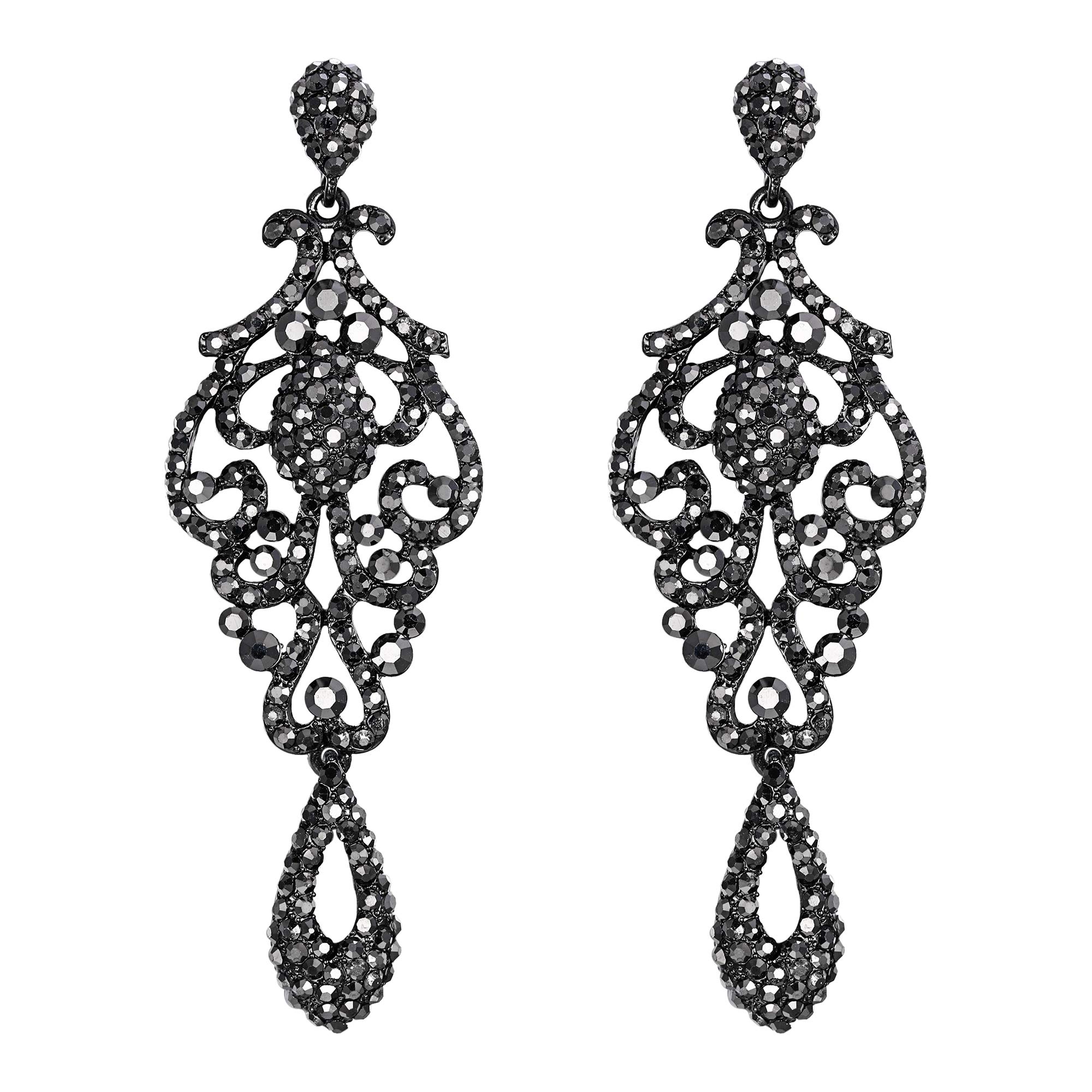 EVER FAITH Crystal Wedding Vintage Flower Pattern Hollow Drop Chandelier Earrings Carbon Black Black-Tone