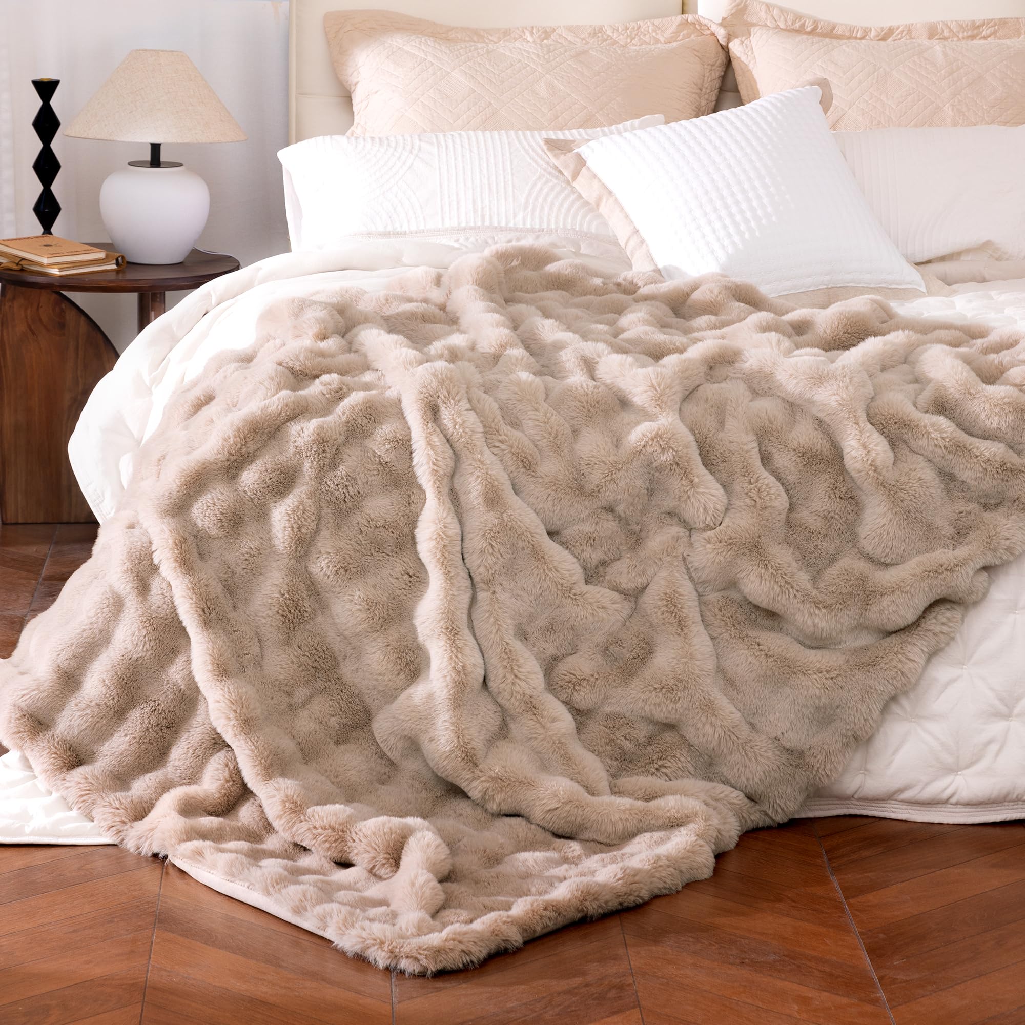 Photo 1 of Ultra Soft Cozy Faux Fur Throw Blanket, Fuzzy Plush Thick Bubble Blanket, Oversize Luxury Fluffy Blanket for Couch, Bed, and Living Room, 60x80 Inches, Light Brown