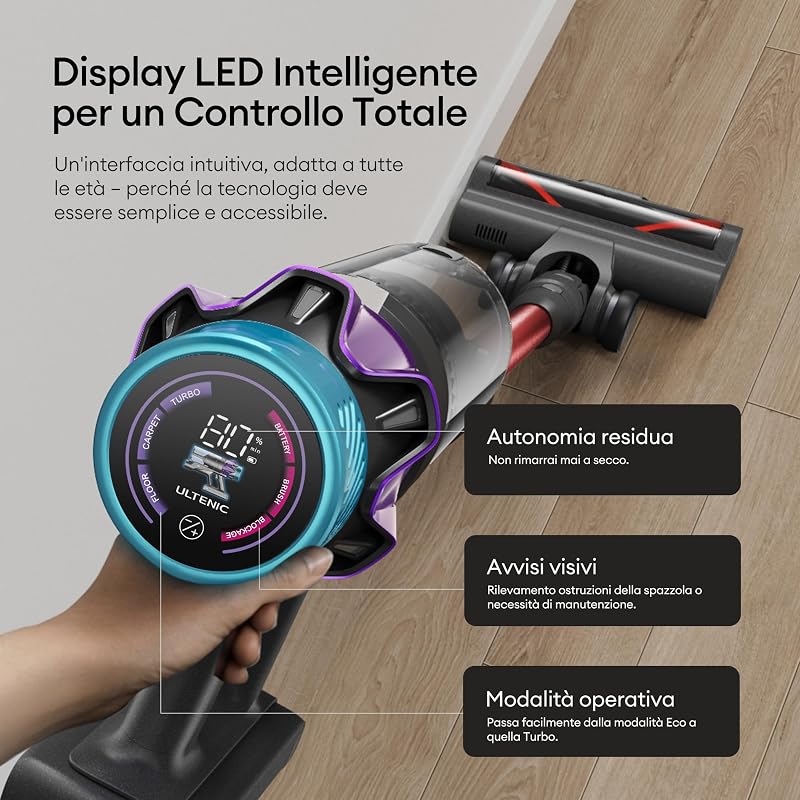 55Kpa/80Min Aspirapolvere Senza Fili U18, Scopa Elettrica Senza Fili Potente con Tubo Pieghevole, Filtrazione Multi-Cono,Display Intelligente, Anti-Groviglio per Peli Animali/Pavimenti/Tappeti